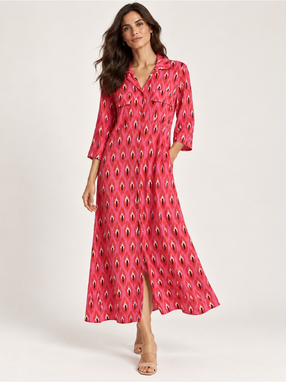 ASHILDA Pink Red Ikat Print Button Front Maxi Shirt Dress